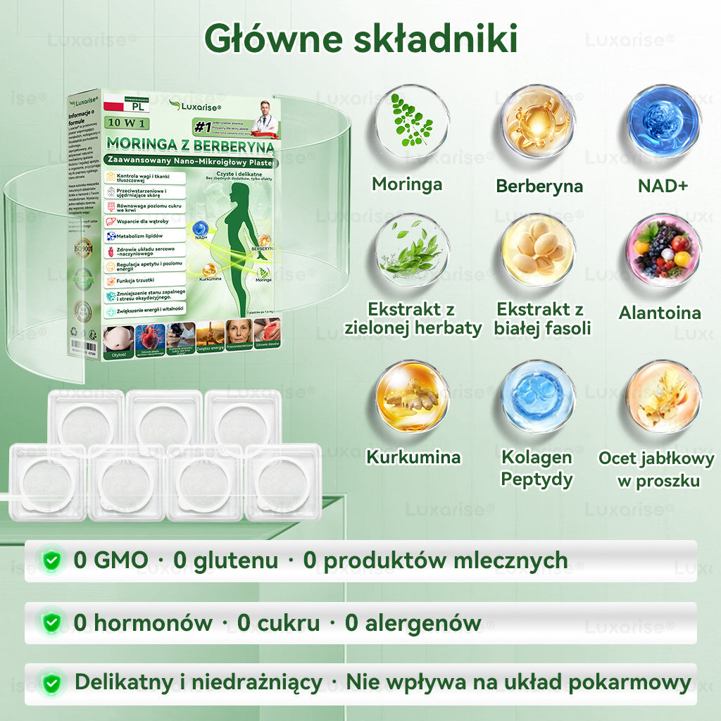 Oficjalny sklep| 𝑳𝒖𝒙𝒂𝒓𝒊𝒔𝒆® MORINGA Z BERBERYNA 10W1 Zaawansowany Nano-Mikroigłowy Plaster 🩹(Stosować raz na dobę, zauważalne efekty w ciągu 7 dni)✅Otyłość, cukrzyca, bezdech senny oraz schorzenia stawów 🌿